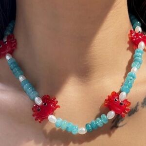 ANTHROPOLOGIE CRAB BLUE GLASS BEADED PEARL NECKLACE